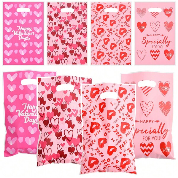40pcs Valentine's Day Party Bag, Snack Bag, Mixed Heart Print Plastic Candy Gift Bag, Plastic Packaging Bag, Suitable For Valentine's Day, Flower Packing, Party Decoration Valentine's Day