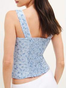 Women Clasp Front Tank Tops Sleeveless Square Neck Lace Trim Smocked Tops Vest Summer Shirt