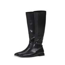 Knee High Boots For Women Comfy Flat Heel Vintage Square Toe Fall Winter Solid Side Zipper Costume Knight Booties - 黑色 - 查看 3