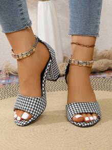 女士高跟凉鞋，新款夏季露趾粗跟优雅露趾拉链后跟休闲高跟鞋 - 千鳥格 - 查看 7