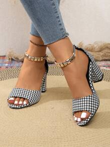 女士高跟凉鞋，新款夏季露趾粗跟优雅露趾拉链后跟休闲高跟鞋 - 千鳥格 - 查看 6