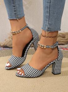 女士高跟凉鞋，新款夏季露趾粗跟优雅露趾拉链后跟休闲高跟鞋 - 千鳥格 - 查看 4