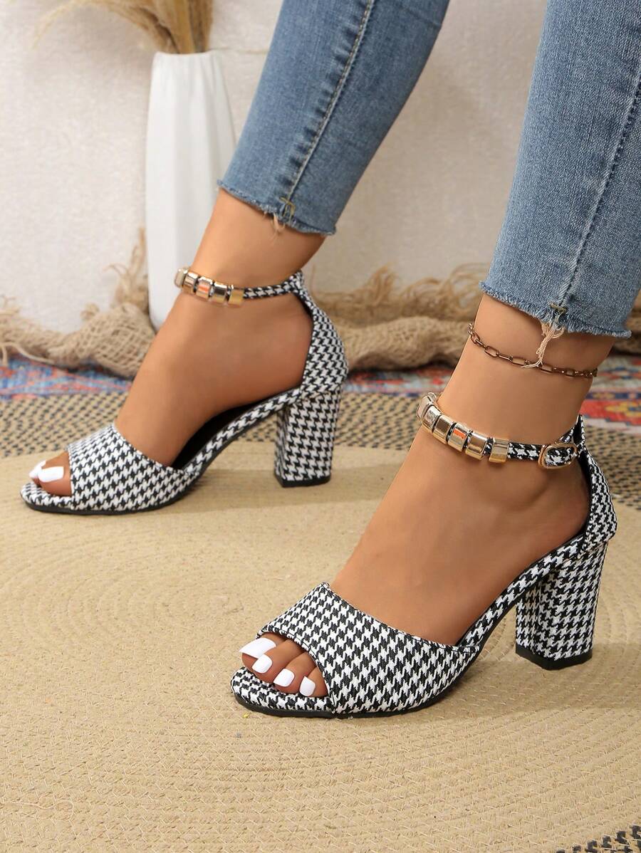 女士高跟凉鞋，新款夏季露趾粗跟优雅露趾拉链后跟休闲高跟鞋 - 千鳥格 - 查看 1