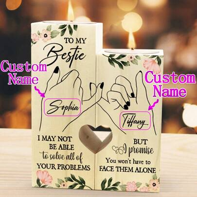 1pc Wooden Tealight Candle Holder, Heart Shaped, Personalized Custom Friendship Gift For Women, Female, Girl Friends, Valentine's Day, Birthday