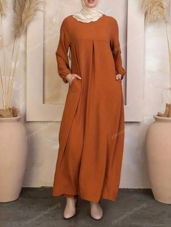 Vestido feminino cor sólida gola redonda manga comprida bolso maxi casual estilo árabe