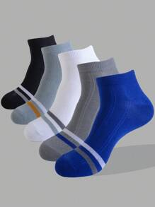 5 Pairs Men's Solid Color & Striped Lightweight Breathable Casual Ankle Socks, All Season