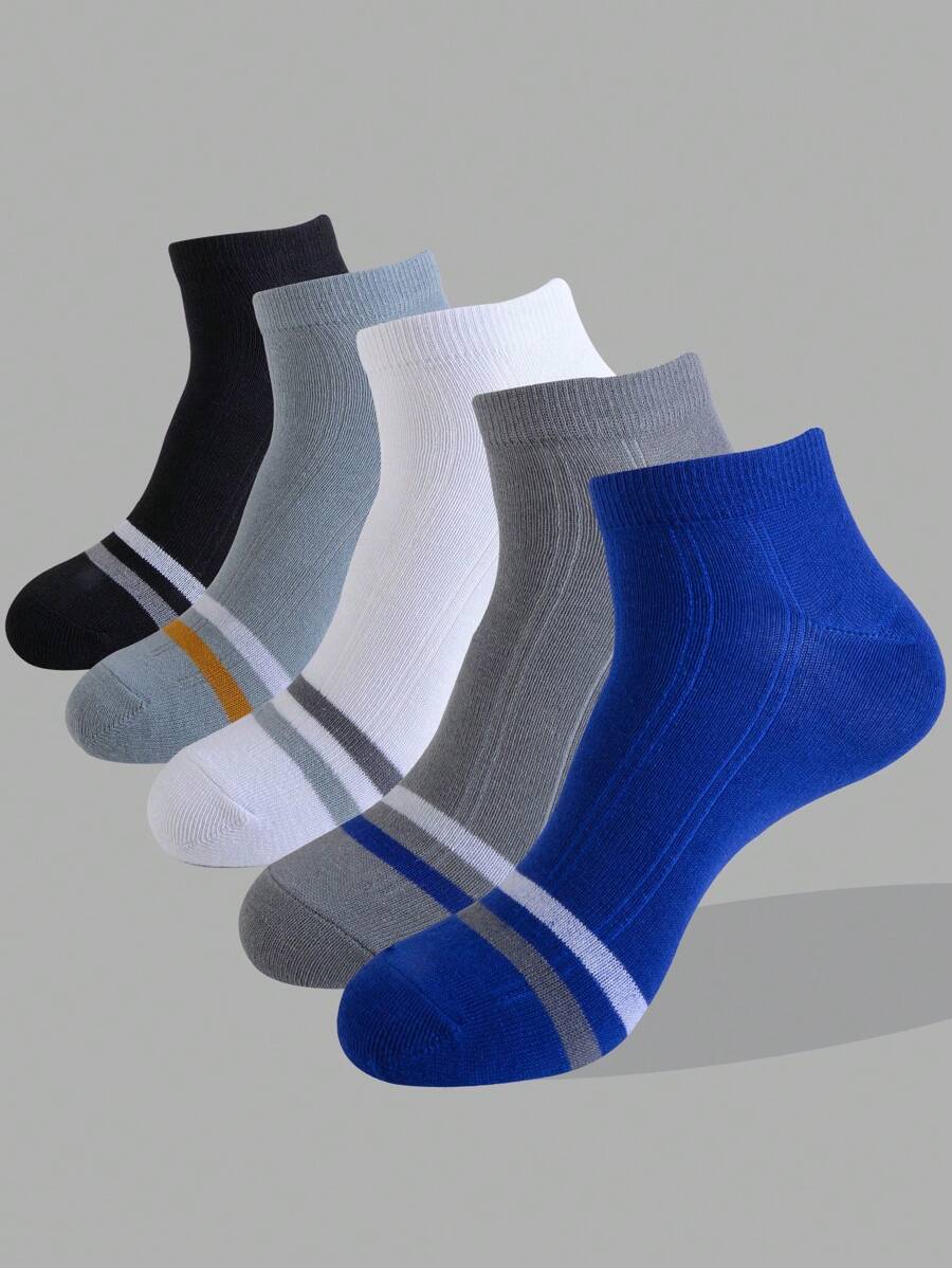 5 Pairs Men's Solid Color & Striped Lightweight Breathable Casual Ankle Socks, All Season