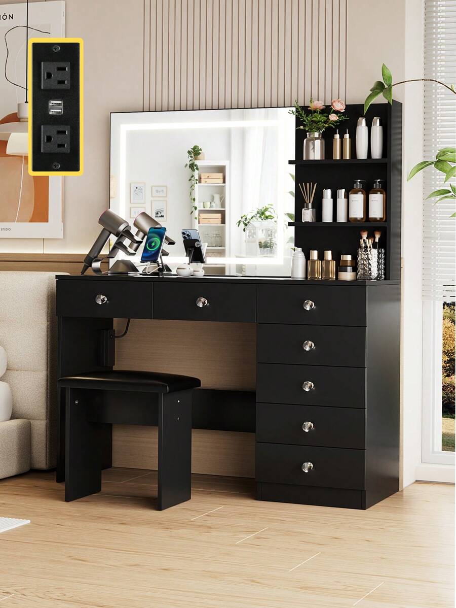 VOWNER Makeup Vanity Desk With Outlets, Large Mirror With Light Bulbs Color & Brightness Adjustable, 6 Drawers For Storage, Come With Stool, For Girls Women - Gương đèn LED đen & 7 ngăn kéo - Xem 1