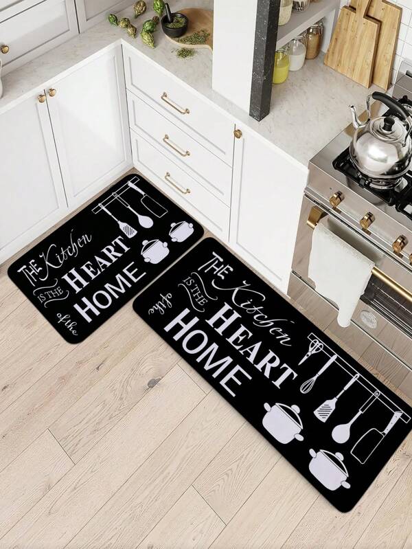 1pc Base preta com design de texto impresso Tapete de cozinha, tapete retangular antiderrapante absorvente de pelúcia macia, adequado para cozinha, sala de jantar, sala de estar