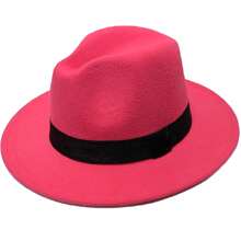 Classic Felt Fedora Hat Medium Straight Stiff Brim - 玫紅色 - 查看 2