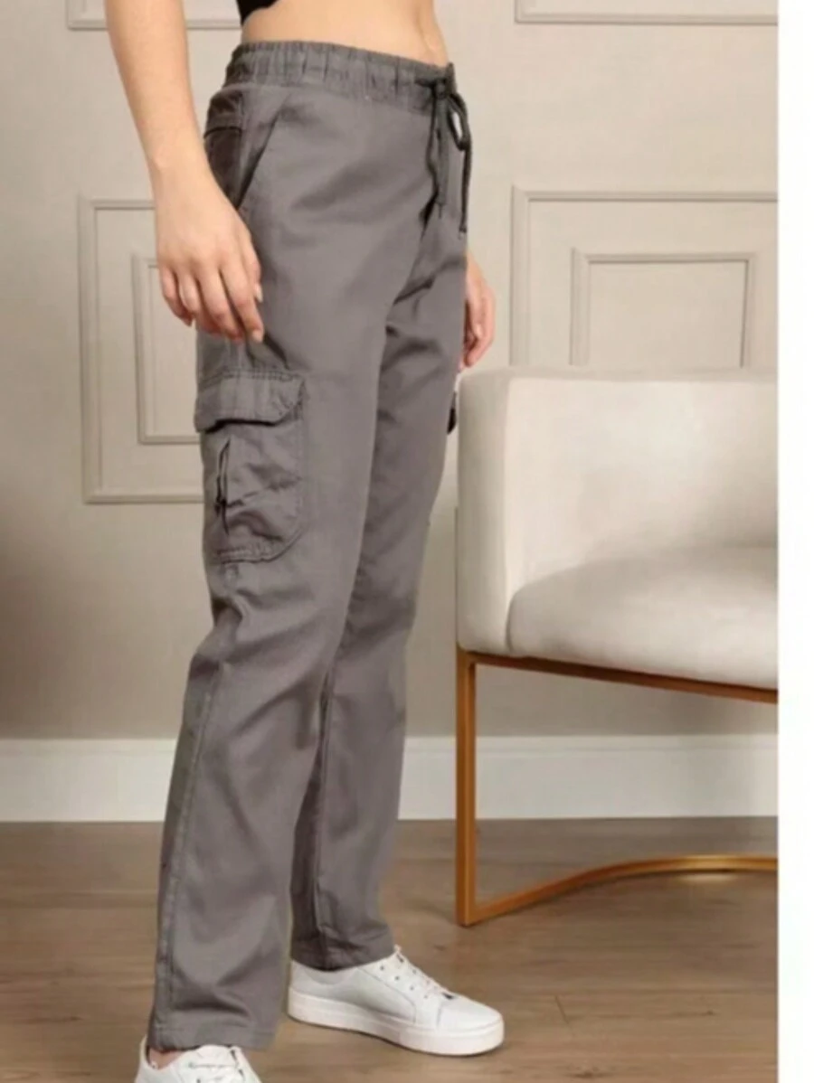 Unisex Cargo Pants Wide Leg Twill With Pockets, Loose, Cozy, - 深灰色 - 查看 1