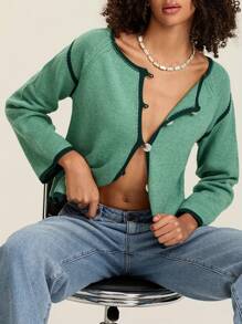 Women's Long-Length Wide-Sleeve Knitted Cardigan With Contrast Color Stitching And Button-Front Closure