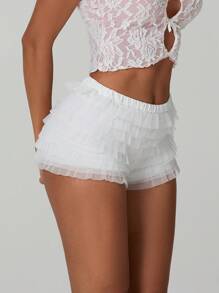 Pantalones cortos para mujer, shorts casuales de cintura elástica sólida con diseño de capas, ajuste delgado, para uso clubwear en verano - Blanco - Ver 6