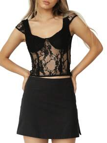 Women's Sheer Lace Crop Tops, Short Sleeve Sweetheart Neck Solid Color Corset T-Shirts - 黑色 - 查看 1