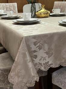 TOALHA DE MESA JACQUARD BORDADA PARA MESA DE 6, 8, 12 E 14 LUGARES RETANGULAR - Bege - Visão 2