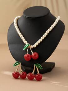 1 Stück/Set 2024 modischer französischer süßer Kirschen Anhänger und Perlenkette, süße, elegante Kirchen-Ohrringe, geeignet für Frauenpartys, täglichen Gebrauch, Valentinstaggeschenke