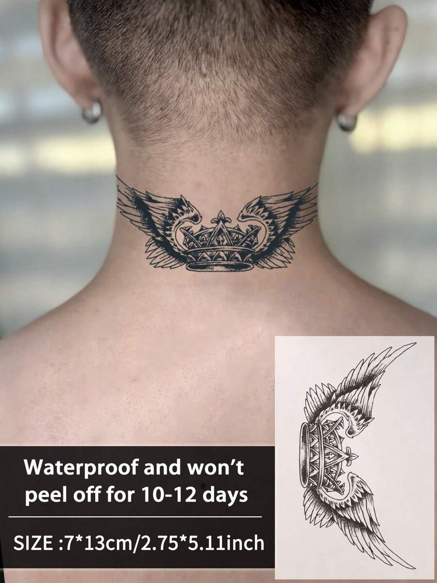 1 pieza Tatuajes temporales de alas de corona estilo europeo a prueba de sudor y agua que duran de 1 a 2 semanas, realistas, con efecto de jugo de hierbas no reflectante, tatuajes falsos negros para mujeres y hombres, pegatinas de tatuaje para brazos, pecho, pierna, abdomen, cintura, arte corporal modernista - Negro - Ver 1