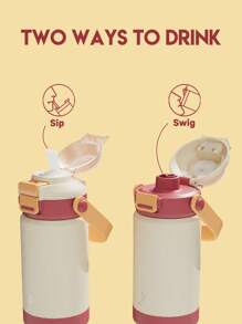 14 盎司带吸管水瓶 - 儿童不锈钢真空保温水瓶，带弹出式吸管和喷嘴，二合一盖子，适合运动、旅行和上学 - 白色 - 查看 3