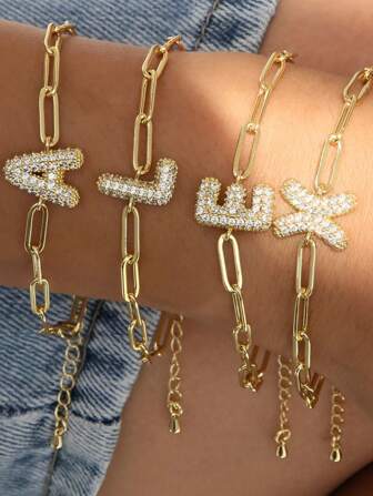 Brazalete con inicial de oro de 18K/plata para mujeres, 26 letras de alfabeto redondas con burbujas, apilable, pulsera de cadena de clip de papel de moda minimalista linda, regalo de joyería de estilo