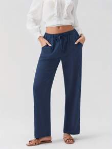 Women Loose Linen Pants Solid Color Drawstring High Waist Trousers With Pockets For Spring Summer - Navy Blue - View 4