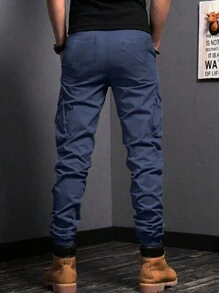 2条装青少年男童休闲运动户外口袋英文图案工装裤，春秋季 - 黑色 - 查看 2