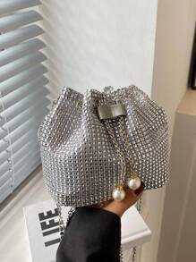 1pc Chain Drawstring Closure PVC Shiny Sequin Bucket Bag With Metal Pearl Decor, Colorful Glitter Women Party Evening Clutch Shoulder Crossbody Lipstick Holder, Fashion Gift For Party Outfit - Silver - View 8