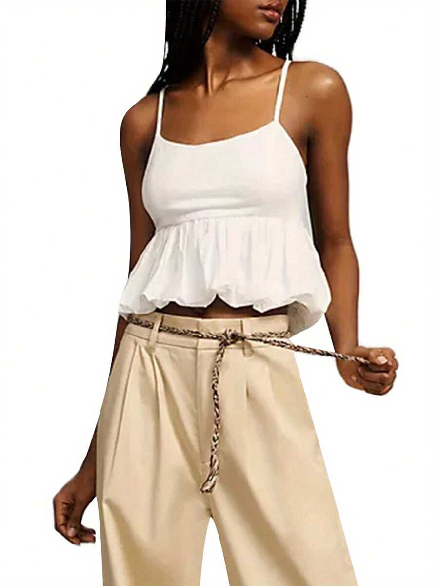 Women's Cami Tank Tops Sleeveless Spaghetti Strap Bubble Hem Slim Fit Camisole Summer Shirt