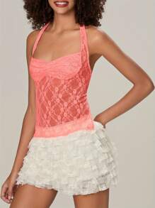Women's Y2k Sheer Lace Halter Tank Tops Lace See Through Sleeveless Slim Fit Tops Backless  Tie Up Vest Tops Summer Going Out Crop Tops Clubwear - 亮橙色 - 查看 2