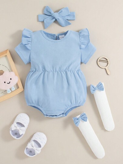 طقم روبر أزرق جذاب كم قصير وقبعة وجوارب ذات فيونكة للأطفال الإناث في فصلي الربيع والصيف