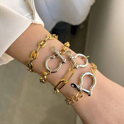 1 件女士手链，结合银色马蹄扣和金色罗洛链，方向盘扣手链，时尚高端，适合女性在圣诞派对上佩戴