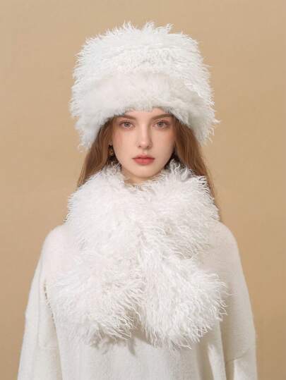 Conjunto de sombrero y bufanda de mujer de unicolor de poliéster con borlas, nuevo de moda para otoño e invierno, de piel sintética de zorro suave y esponjosa, a prueba de viento y cálida para exteriores