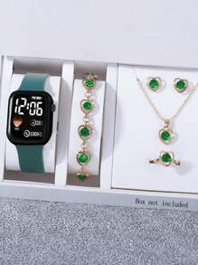 Fashionable 6 Pieces Rhinestone Jewelry Set, Women Pink PVC Strap Stylish Square Dial Digital Watch And Heart Rhinestone Jewelry Necklace/Suitable For Daily Wear, Valentine's Day Gift