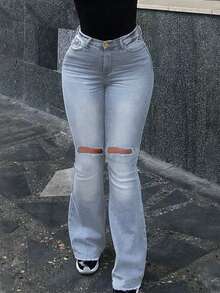 Jeans casuales de mujer con diseño básico y versátil, con roturas y campana, estilo americano - Lavado ligero - Ver 2