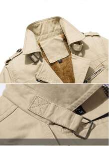 Chaqueta de invierno con capucha, forrada térmicamente, con bolsillo con solapa, cintura con cordón y ajuste holgado para hombres - Caqui - Ver 4
