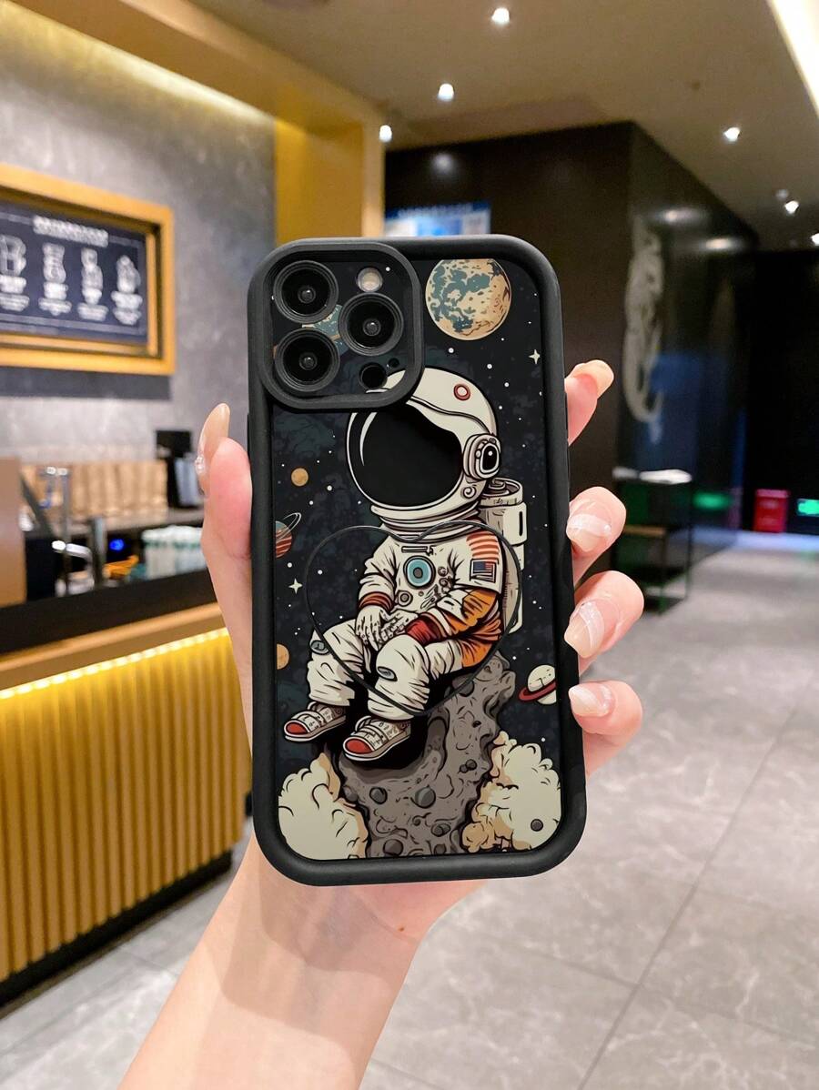 1 pieza Funda protectora de teléfono con gráfico de astronauta de moda, negra y gruesa, a prueba de golpes y con cobertura total. Adecuada para hombres y mujeres, opción ideal para entusiastas de la moda, con diseño minimalista y elegante. Compatible con Apple/Infinix/Vivo/Oppo, versión internacional, no la versión nacional - Negro - Ver 1