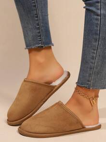 男女通用居家保暖拖鞋，软底轻便毛绒线鞋 - 駝色 - 查看 5