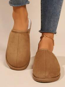 男女通用居家保暖拖鞋，软底轻便毛绒线鞋 - 駝色 - 查看 4