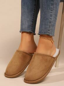 男女通用居家保暖拖鞋，软底轻便毛绒线鞋 - 駝色 - 查看 6