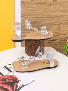 Dziewczęce sandały z kryształkami i elastyczną gumką, plażowe klapki w stylu księżniczki, nowe letnie modne przezroczyste klapki