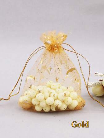 10pcs/15pcs/20pcs Gold Star, Moon Pattern, Mesh Drawstring Gift Packaging Bag, Storage Bag
