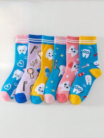 3 par damstrumpor med tecknat tandmönster, mitt upp till vaden, slumpmässigt sortiment