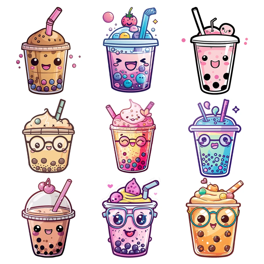 9pcs/Set, Dynamic Cute Cartoon Bubble Tea Pattern Heat Transfer Patches, DIY Washable Garment Decor Stickers For T-Shirt, Clothes, Mask, Jeans, Bag, Etc.