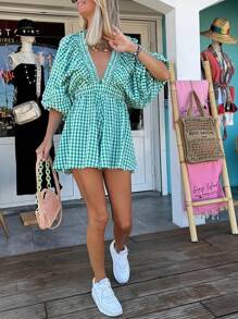 Women Deep V-Neck Rompers Solid Color/Plaid Bubble Sleeve Summer Short Jumpsuits Playsuits Streetwear - 綠色 - 查看 5