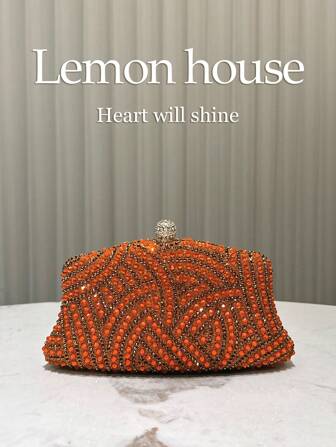 1 st glänsande orange strass dekor metallkedja Crossbody clutchväska, elegant kvällsväska för formella evenemang, bröllop, fest, lämplig som present till kvinnor
