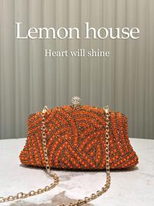 Evening Clutch With A Wavy Pattern, Fully Covered In Rhinestones, Spherical Crystal Clasp, Detachable Metal Chain, Various Colors, For Women, Weddings, Galas, Graduations - Orange - View 3