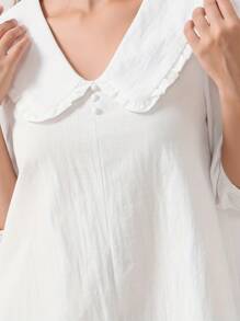 Women Summer Mini Beach Dress Half Sleeve Doll Collar Solid Color Dress With 2 Pockets - Milky - View 2