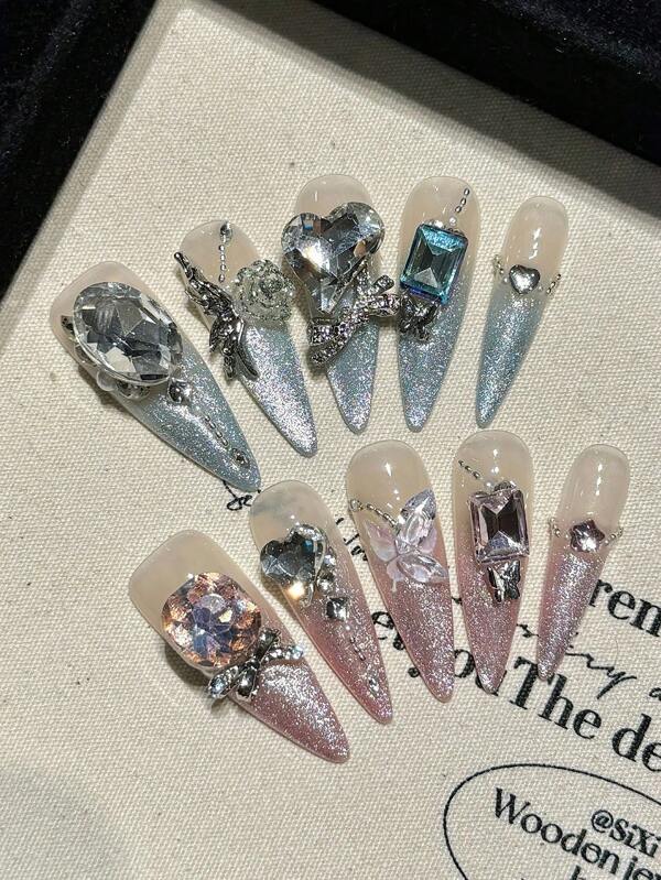 10 PIEZAS de uñas postizas largas desnudas con puntas azul y rosa, naturales e irrompibles para uso diario y fiestas, uñas de uso sencillo