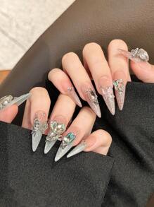 10Pcs Nude Long Fake Nails With Blue Pink Tip Natural Unbreakable Nail Simple Wear For Daily And Parties Wearing Press On Nails Nail Supplies Nails