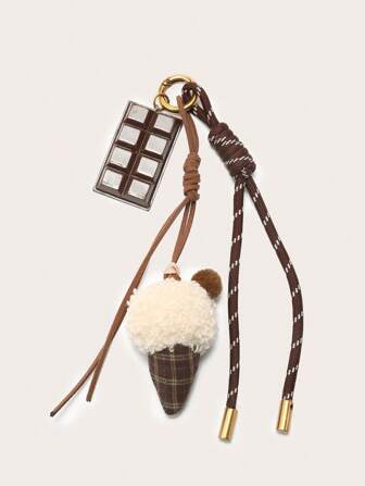 1 pieza de llavero con forma de helado de chocolate de tela con mosquetón, colgante de teléfono de correa de nailon, decoración para bolsa/equipaje