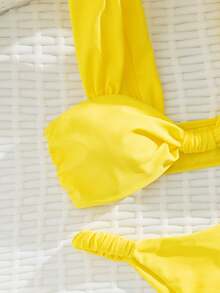 PEPPERMOLLY 全新纯色软带褶皱性感比基尼套装，女士夏季沙滩泳装，黄色泳装